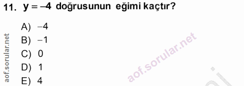11. soru: y = -4 doğrusunun eğimi kaçtır? A) -4 B) -1 C) 0 D) 1 E) 4