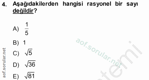 4. soru: Aşağıdakilerden hangisi rasyonel bir sayı değildir? A) 1 140 B) 1 C) V5 D) V36 E) V81
