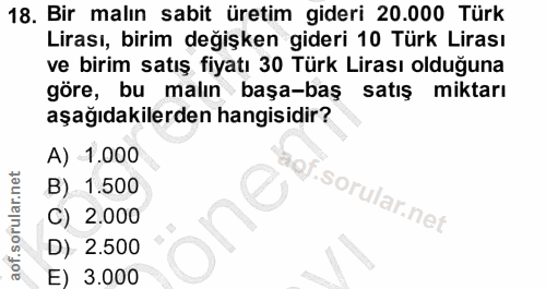 18. soru: Bir malın sabit üretim gideri 20.000 Türk Lirası, birim değişken gideri 10 Türk Lirası ve birim satış fiyatı 30 Türk…