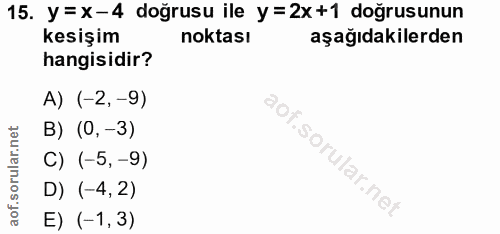 15. soru: y = X-4 doğrusu ile y = 2x+1 doğrusunun kesişim noktası aşağıdakilerden hangisidir? A) (-2, -9) B) (0, -3) C) (-5, -9…