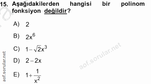 15. soru: Aşağıdakilerden hangisi bir polinom fonksiyon değildir? A) 2 B) 2x° C) 1-V2x3 D) 2-2x E) 1+ 1