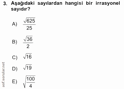 3. soru: Aşağıdaki sayılardan hangisi bir irrasyonel sayıdır? A) V625 25 V36 2 c) v16 D) V19 E) 100 V 4
