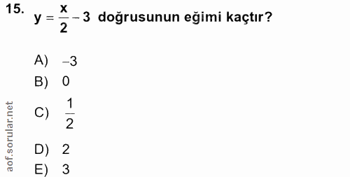15. soru: y = z •- 3 doğrusunun eğimi kaçtır? -3 C) IN D) 2 E) 3