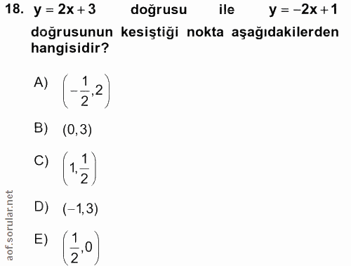 18. soru: y = 2x +3 dogrusu ile y =-2x+1 doğrusunun kesiştiği nokta aşağıdakilerden hangisidir? (22) B) (0,3) c) (11) D) (-1,3)…