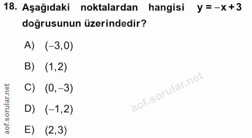 18. soru: Aşağıdaki| noktalardan hangisi y=-x+3 doğrusunun üzerindedir? A) (-3,0) B) (1,2) C) (0,-3) aof.sorular.n D) (-1,2) E)…