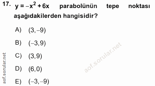 17. soru: y =-x' +6x parabolünün tepe noktası aşağıdakilerden hangisidir? A) (3,-9) B) (-3,9) C) (3,9) D) (6,0) E) (-3,-9)