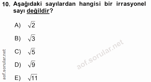 10. soru: Aşağıdaki sayılardan hangisi bir irrasyonel sayı değildir? A) V2 B) V3 C) V5 D) V9 E) \11