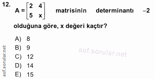 12. soru: A = < 4 matisinin determinantı -2 olduğuna göre, x değeri kaçtır? A) 8 B) 9 C) 12 D) 14 E) 15