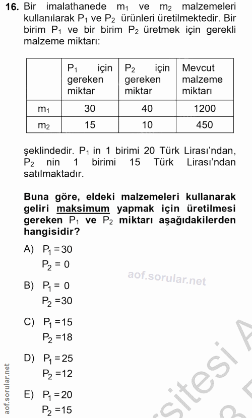 16. soru: Bir imalathanede mı ve mz malzemeleri kullanılarak P, ve Pz ürünleri üretilmektedir. Bir birim P, ve bir birim P2 üre…