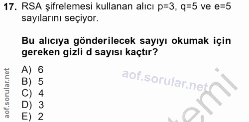 17. soru: RSA şifrelemesi kullanan alıcı p=3, q=5 ve e=5 sayılarını seçiyor. Bu alıcıya gönderilecek sayıyı okumak için gereken…