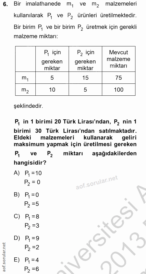 6. soru: Bir imalathanede m, ve m2 malzemeleri kullanılarak P, ve Pz ürünleri üretilmektedir. Bir birim P, ve bir birim P2 üre…