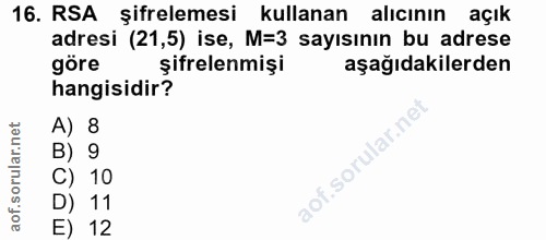 16. soru: RSA şifrelemesi kullanan alıcının açık adresi (21,5) ise, M=3 sayısının bu adrese göre şifrelenmişi aşağıdakilerden h…