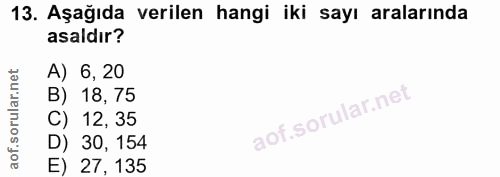 13. soru: Aşağıda verilen hangi iki sayı aralarında asaldır? A) 6, 20 B) 18,75 C) 12, 35 D) 30, 154 E) 27, 135