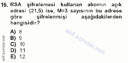 15. soru: RSA şifrelemesi kullanan alıcının açık adresi (21,5) ise, M=3 sayısının bu adrese göre şifrelenmişi aşağıdakilerden h…