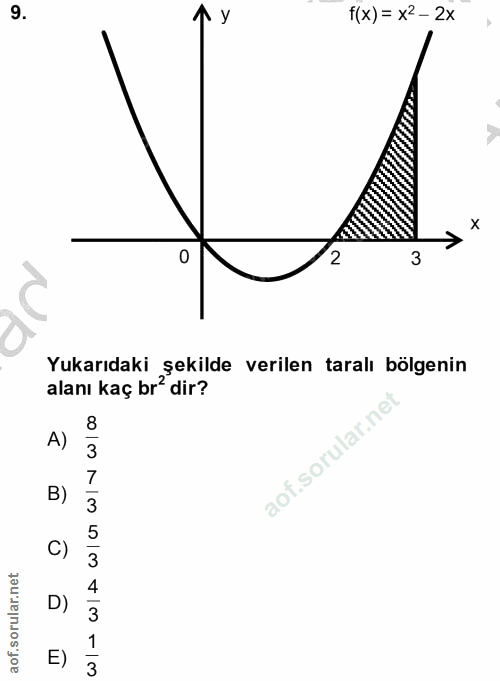 9. soru: Л У T(x) = x<- 2x X 2 3 Yukarıdaki şekilde verilen taralı bölgenir alanı kaç br' dir? 8 A) 3 B) C) 4 zauuejnuos joe D…