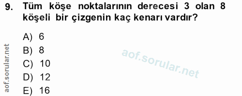 9. soru: Tüm köşe noktalarının derecesi 3 olan 8 köşeli bir çizgenin kaç kenarı vardır? A) 6 B) 8 C) 10 D) 12 E) 16