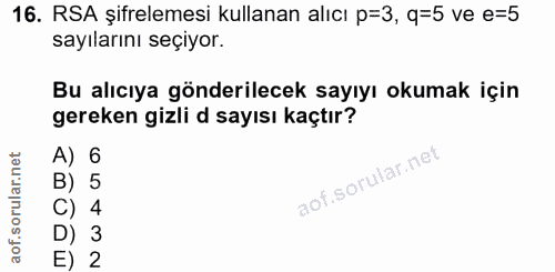 16. soru: RSA șifrelemesi kullanan alıcı p=3, q=5 ve e=5 sayılarını seçiyor. Bu alıcıya gönderilecek sayıyı okumak için gereken…