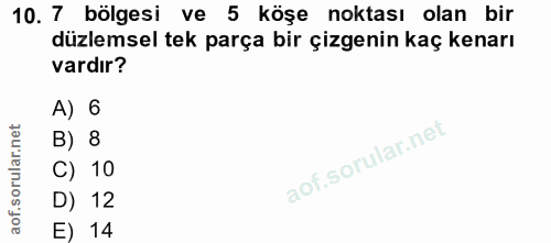 10. soru: 7 bölgesi ve 5 köşe noktası olan bir düzlemsel tek parça bir çizgenin kaç kenarı vardır? A) 6 B) 8 C) 10 D) 12 E) 14