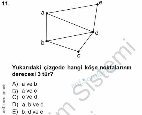 11. soru: e a d b Yukarıdaki çizgede hangi köşe noktalarının derecesi 3 tür? A) a ve b B) a ve c C) c ve d D) a, b ve d E) b, d…
