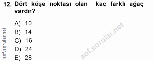 12. soru: Dört köşe noktası olan kaç farklı ağaç vardır? A) 10 B) 14 C) 16 D) 24 E) 28