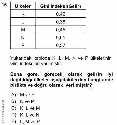 16. soru: Ülkeler Gini İndeksi(Gelir) K 0,42 L 0,38 M 0,45 N 0,61 P 0,57 Yukarıdaki tabloda K, L, M, N ve P ülkelerinin Gini in…