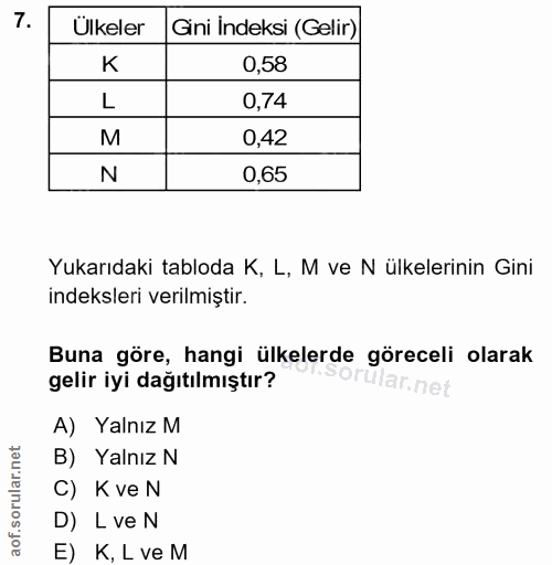 7. soru: Ülkeler Gini İndeksi (Gelir) K 0,58 L 0,74 M 0,42 N 0,65 Yukarıdaki tabloda K, L, M ve N ülkelerinin Gini indeksleri…