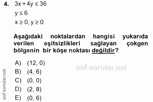 4. soru: 3x + 4y ≤ 36 y ≤ 6 x≥ 0, y ≥0 Aşağıdaki noktalardan hangisi yukarıda verilen eşitsizlikleri sağlayan çokgen bölgenin…