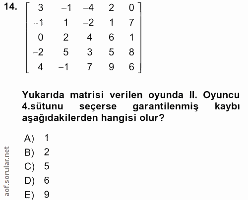 14. soru: 3 -1 -4 2 -1 -2 1 7 0 4 6 -2 5 3 5 8 4 -1 7 9 6 Yukarıda matrisi verilen oyunda II. Oyuncu 4.sütunu seçerse garantile…