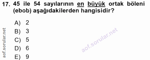 17. soru: 45 ile 54 sayılarının en büyük ortak böleni (ebob) aşağıdakilerden hangisidir? A) 2 B) 3 C) 5 D) 6 E) 9