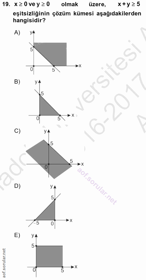 19. soru: x≥0vey≥0 olmak üzere, x +y ≥ 5 eşitsizliğinin çözüm kümesi aşağıdakilerden hangisidir? A) 5 5 versites y 7 5 → X• C)…