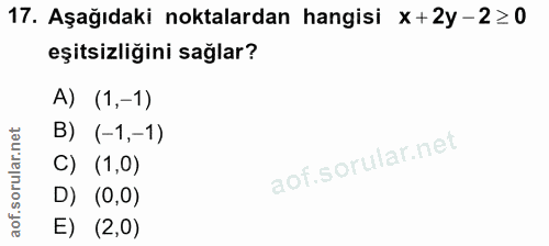 17. soru: Aşağıdaki noktalardan hangisi x+2y-2≥0 eşitsizliğini sağlar? A) (1,-1) B) (-1,-1) C) (1,0) D) (0,0) E) (2,0)