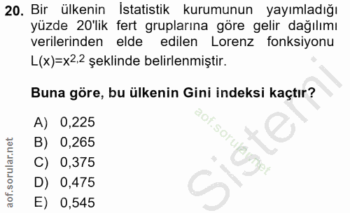 20. soru: Bir ülkenin İstatistik kurumunun yayımladığı yüzde 20'lik fert gruplarına göre gelir dağılımı verilerinden elde edile…