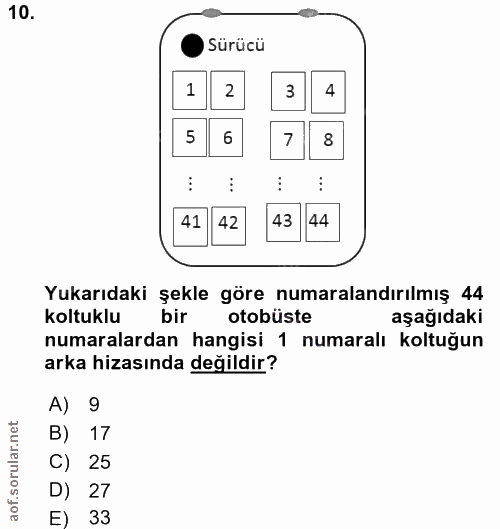 10. soru: ) Sürücü 1 2 3 4 5 6 7 8 41 42 43 44 Yukarıdaki şekle göre numaralandırılmış 44 koltuklu bir otobüste aşağıdaki numar…
