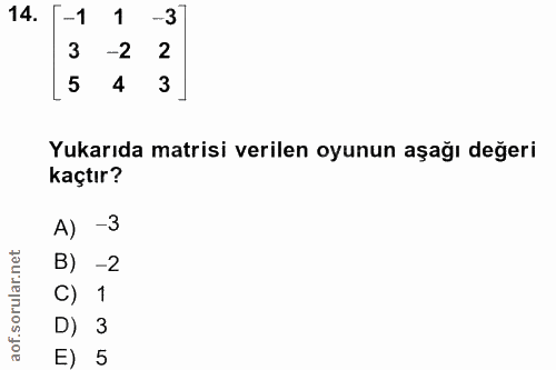 14. soru: -1 1 -3 3 -2 2 5 4 3 Yukarıda matrisi verilen oyunun aşağı değeri kaçtır? A) -3 B) -2 C) 1 D) 3 E) 5