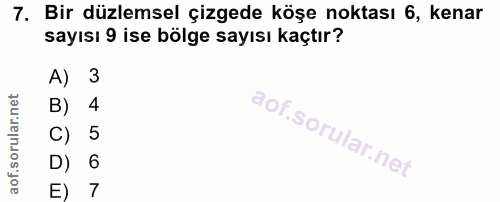 7. soru: Bir düzlemsel çizgede köşe noktası 6, kenar sayısı 9 ise bölge sayısı kaçtır? A) 3 B) 4 C) 5 D) 6 E) 7
