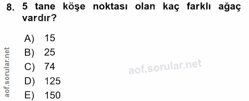 8. soru: 5 tane köşe noktası olan kaç farklı ağaç vardır? A) 15 B) 25 C) 74 D) 125 E) 150