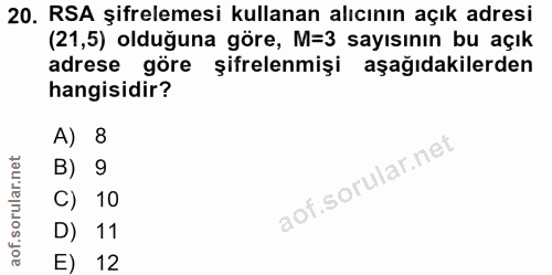 20. soru: RSA şifrelemesi kullanan alıcının açık adresi (21,5) olduğuna göre, M=3 sayısının bu açık adrese göre şifrelenmişi aş…