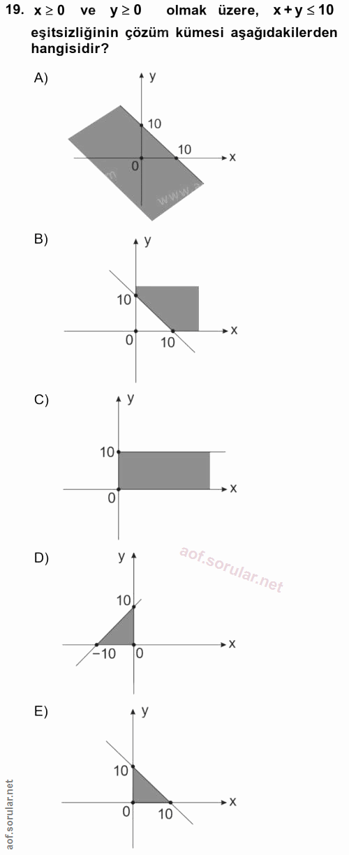 19. soru: X≥0 ve y≥0 olmak üzere, x+y≤10 eşitsizliğinin çözüm kümesi aşağıdakilerden hangisidir? A) * У - 10 10 0 الال لن B) 10…
