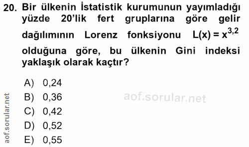 20. soru: Bir ülkenin İstatistik kurumunun yayımladığı yüzde 20'lik fert gruplarına göre gelir dağılımının Lorenz fonksiyonu L(…