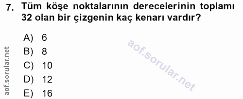 7. soru: Tüm köşe noktalarının derecelerinin toplamı 32 olan bir çizgenin kaç kenarı vardır? A) 6 B) 8 C) 10 D) 12 E) 16