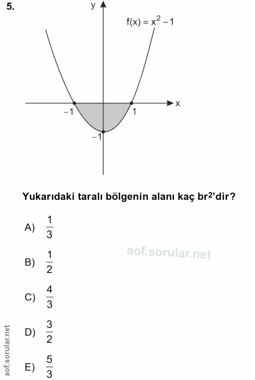 5. soru: f(x) = x2-1 → X Yukarıdaki taralı bölgenin alanı kaç br2'dir? -IN B) 4 C) 3 3 D) 5 E) 3
