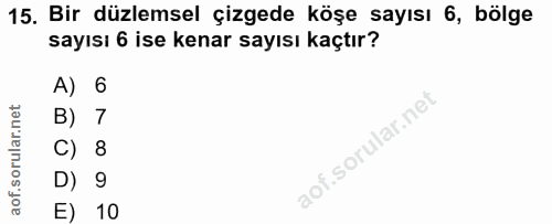 15. soru: Bir düzlemsel çizgede köşe sayısı 6, bölge sayısı 6 ise kenar sayısı kaçtır? A) 6 B) 7 C) 8 D) 9 E) 10