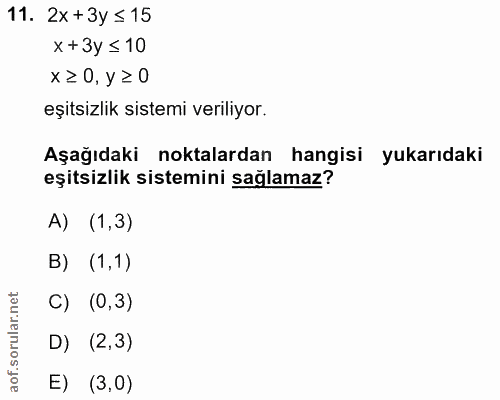 11. soru: 2x + 3y ≤ 15 x + 3y ≤ 10 x≥ 0, y ≥ 0 eşitsizlik sistemi veriliyor. Aşağıdaki noktalardan hangisi yukarıdaki eşitsizli…