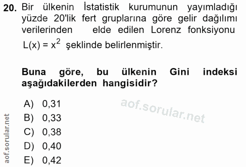 20. soru: Bir ülkenin İstatistik kurumunun yayımladığı yüzde 20'lik fert gruplarına göre gelir dağılımı verilerinden elde edile…