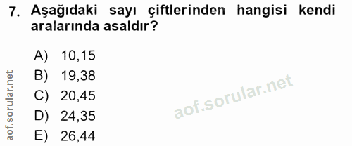 7. soru: Aşağıdaki sayı çiftlerinden hangisi kendi aralarında asaldır? A) 10,15 B) 19,38 C) 20,45 D) 24,35 E) 26,44