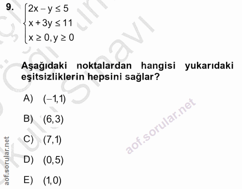 9. soru: 2x -y ≤5 x + 3y ≤ 11 x ≥ 0, y ≥ 0 Aşağıdaki noktalardan hangisi yukarıdaki eşitsizliklerin hepsini sağlar? A) (-1,1)…