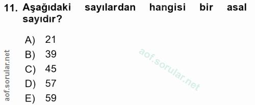 11. soru: Aşağıdaki sayılardan hangisi bir asal sayıdır? A) 21 B) 39 C) 45 D) 57 E) 59