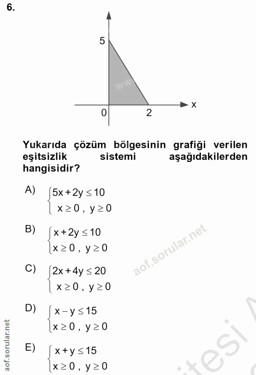6. soru: 5 •x 0 2 Yukarıda çözüm bölgesinin grafiği verilen eşitsizlik sistemi aşağıdakilerden hangisidir? A) [5x+2y ≤10 | x≥0…