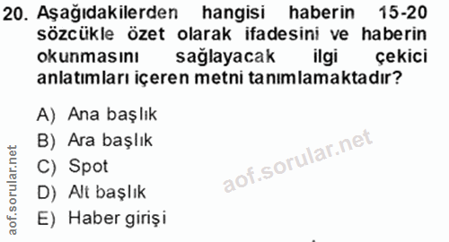 20. soru: Aşağıdakilerden hangisi haberin 15-20 sözcükle özet olarak ifadesini ve haberin okunmasını sağlayacak ilgik çekici an…