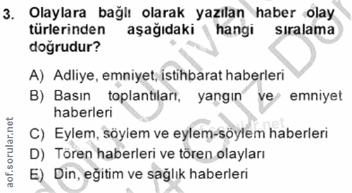 3. soru: Olaylara bağlı olarak yazılan haber olay türlerinden aşağıdaki hangi sıralama doğrudur? A) Adliye, emniyet, istihbara…